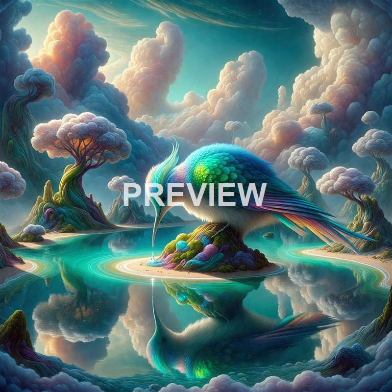 A fantastical scene featuring a large, colorful bird with vibrant feathers drinking from a serene body of water, surrounded by whimsical, cloud-covered trees and a dreamy sky.